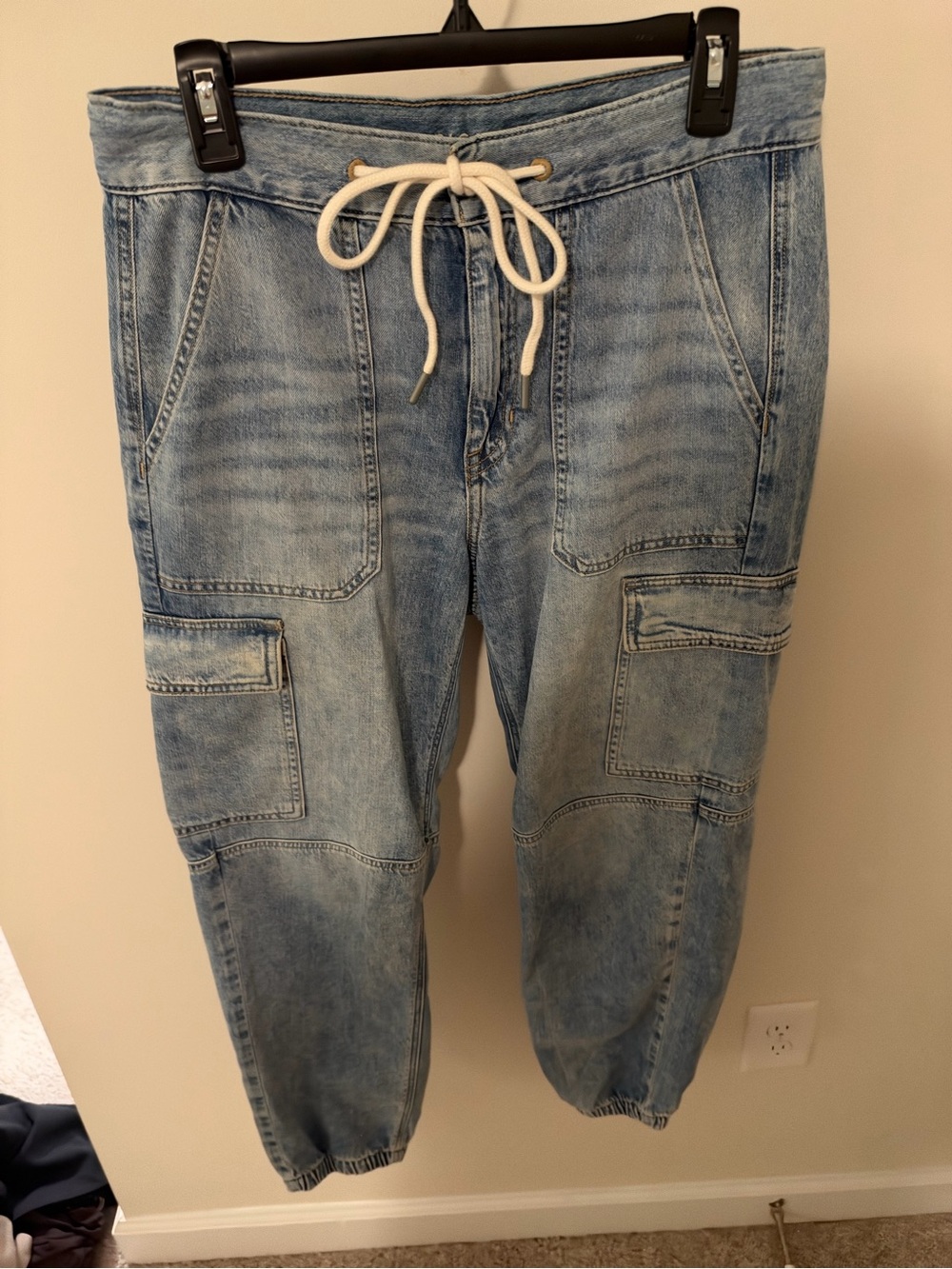 American Eagle Light Blue Denim Cargo Joggers with Drawstring Waist